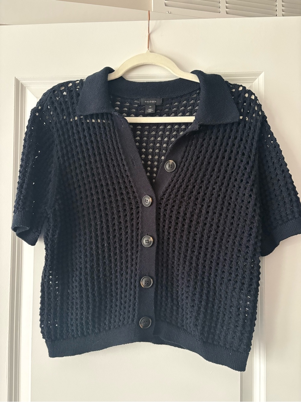 Halogen Navy Open-Knit Button Front Short-Sleeve Cardigan